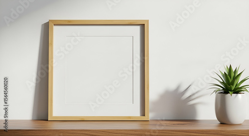 Empty picture frame on a wooden surface with a potted succulent plant.