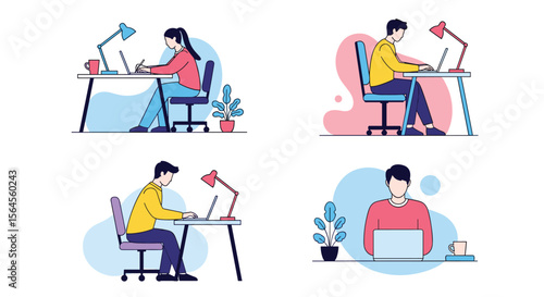 People working on laptops at desks in home office settings