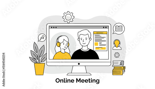 Young professionals engaged in an online meeting via computer screen, featuring a woman and man in casual attire. Participants appear attentive during the video conference at a home office setting.