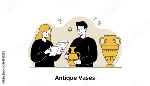 Young adult female and male art appraisers examining antique vases in a museum setting. Experts examine golden antique vases, verifying details and provenance in a museum exhibit space.