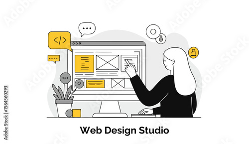 A meticulous female web designer is concentrating on her computer screen, carefully reviewing user interface mockups for a new website in a creative web design studio.