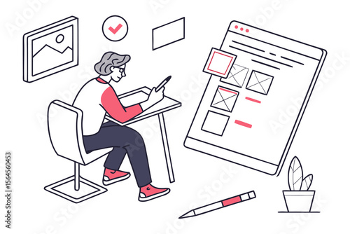 Graphic designer creating a website layout on a tablet surrounded by design elements and inspiration