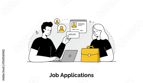Young adults in casual wear exchanging job application documents at a meeting place. A man and woman actively participate in a job application process in a modern office setting.