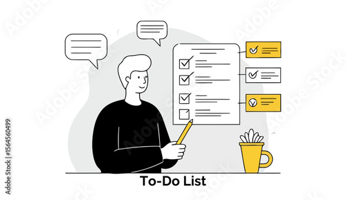 Young man in casual attire reviewing a to-do list at a home office. He holds a pen, facing a checklist, with a simple background. Individual and professional at home.