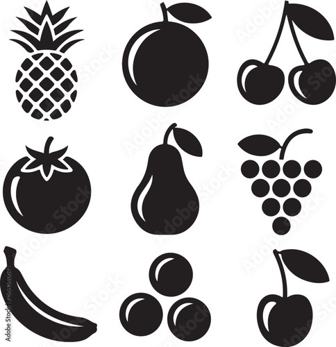 fruit, food, icon, apple, vector, pear, illustration, lemon, cherry, strawberry, set, orange, fruits, silhouette, banana, pineapple, healthy, symbol, leaf, design, vegetables, nature, icons, grape, ve
