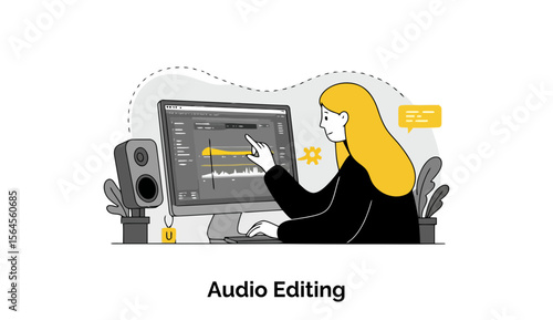 Young woman with blonde hair in business attire working at a computer with audio editing software. Focused on a computer screen with audio waveform, utilizing a home office setup.