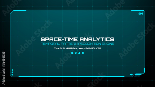 Space-time analytics user interface with temporal pattern recognition engine display. Futuristic technology for data visualization.