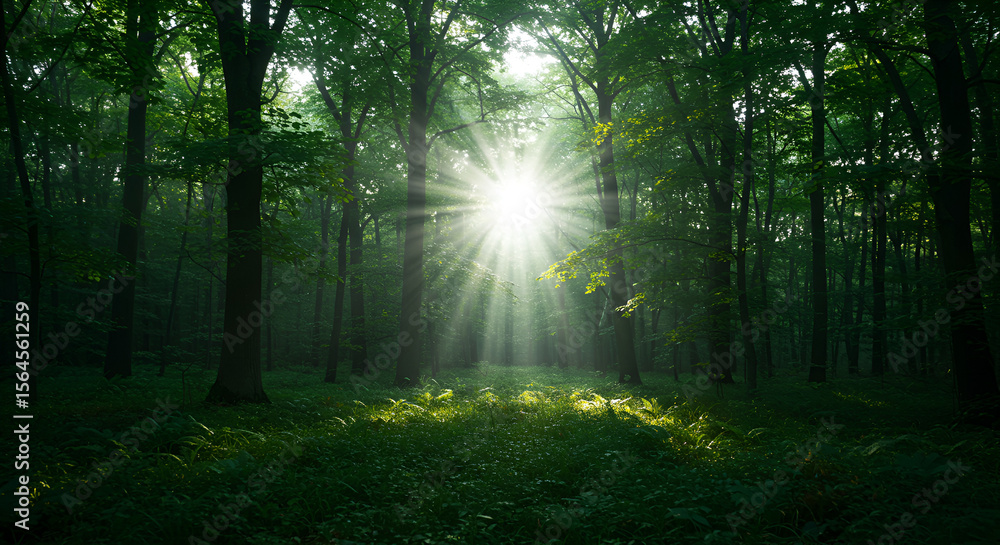 Obraz premium Sunlight streams through a dense forest (1)