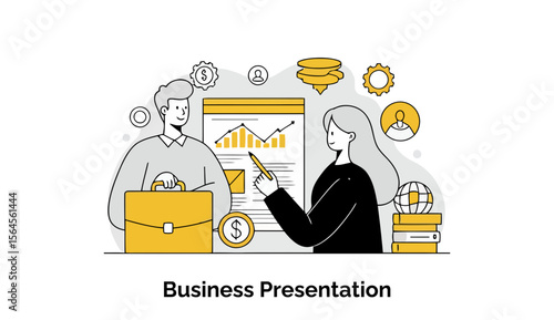 Business presentation illustration of two professionals discussing business data. Adult man and woman in business attire delivering and receiving a presentation at a meeting.