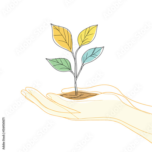 Continuous one line drawing of Hands holding growing seedlings. Single line drawing illustration of Hands holding leaf. Go green energy concept vector art. Doodle line illustration