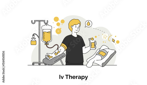 Young man receiving IV therapy in a medical clinic setting. He is seated comfortably, with an IV drip infusing fluids into his arm, holding a bottle, while undergoing treatment.