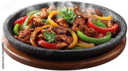 Illustration of chicken fajitas sizzle on hot skillet, isolated on transparent background