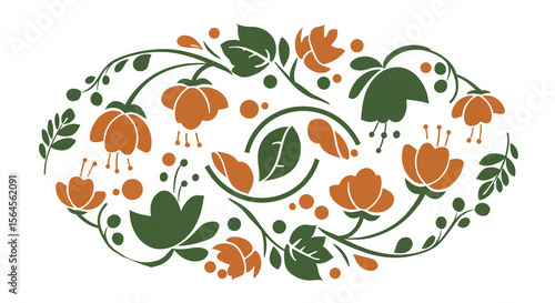 Floral pattern design with orange and green flowers on white background  