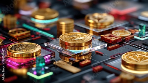 A futuristic digital scene featuring glowing crypto tokens, shiny coins, and NFT icons