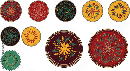 Colorful decorative circular patterns with floral motifs on white background