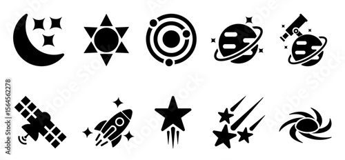 Astronomy icons as satellite, spaceship, star Pro Vector