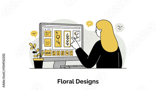 Female graphic designer reviewing floral designs on a computer screen in a home office setting. Young woman reviewing floral designs for a project. home office -