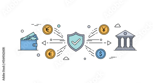 Secure financial transactions between digital wallet and banking institution illustrated