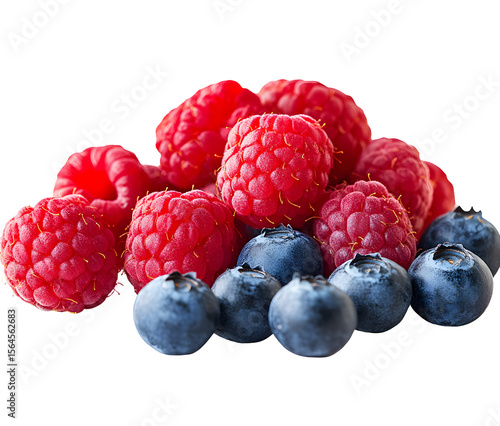 Vibrant pile of fresh raspberries and blueberries on a stark black background