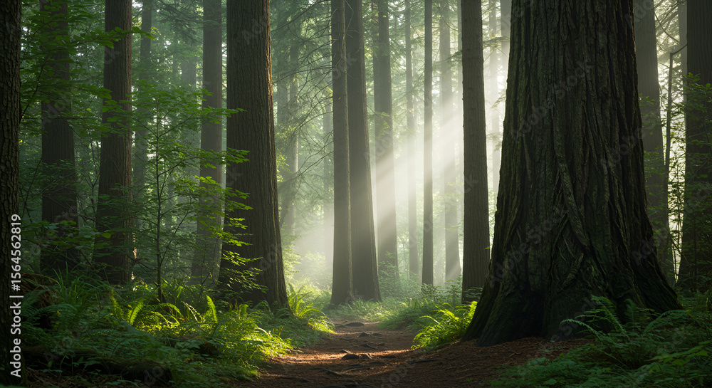 Obraz premium Sunlight streams through a misty forest path