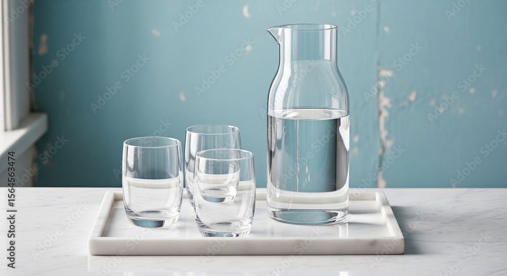 A clean and refreshing setup with a glass carafe of water and three empty glasses on a white marble tray, against a textured blue wall by a window A clean and refreshing setup with a glass carafe of water and three empty glasses on a white marble tray, against a textured blue wall by a window