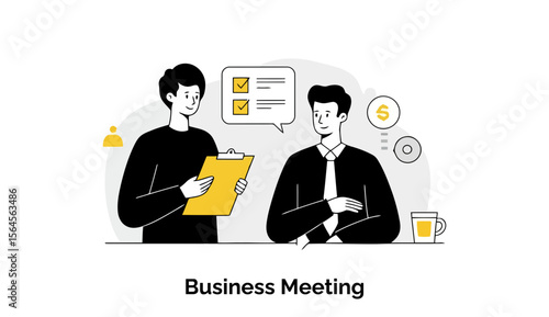 Business meeting between two adult professionals in formal attire, presenting data/information in a modern office setting.