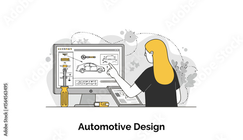A female automotive designer is analyzing a sleek 3D model of a new car on her computer screen, reviewing its aerodynamic lines in a high-tech, modern design workspace.