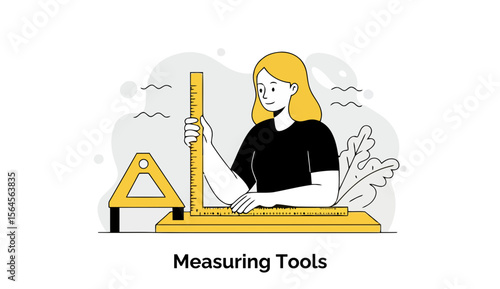 Female adult using measuring tools in a workplace setting. Holding a ruler and measuring a corner in a workshop environment.