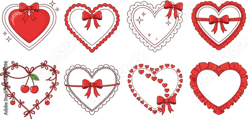 Collection of eight heart shaped designs with bows and embellishments