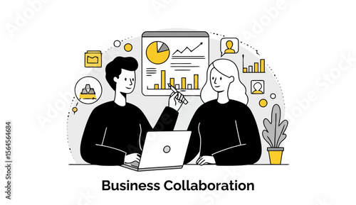A productive business collaboration is taking place between a male and a female colleague as they discuss a project on a laptop in a bright and modern office.