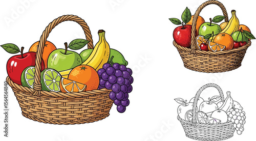 A basket filled with various fruits including apples oranges and grapes