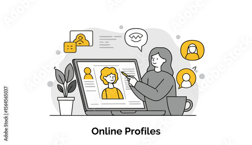 Female professional reviewing online profiles on a laptop in a home office setting. Woman points at a profile with a stylus, surrounded by various profile icons.