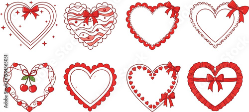Collection of eight pink hearts with bows and decorative elements art