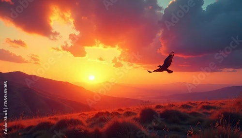 Lone Bird in Majestic Sunset Flight Over Vast Landscape Freedom, Adventure, and the Exhilaration of Untethered Wings
