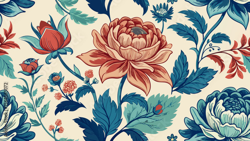 Vintage floral pattern with large peonies and delicate blossoms in red and blue