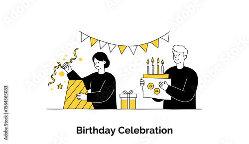 Adult couple celebrating birthday party with gift and cake. Opening presents and holding up cake in a home party setting. Happy young adults enjoying a birthday gathering at home -