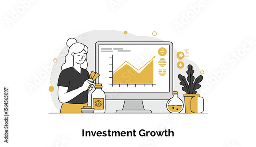 Young woman in casual attire examining investment growth chart on computer screen at home office. Female investor reviewing financial data with positive trend.