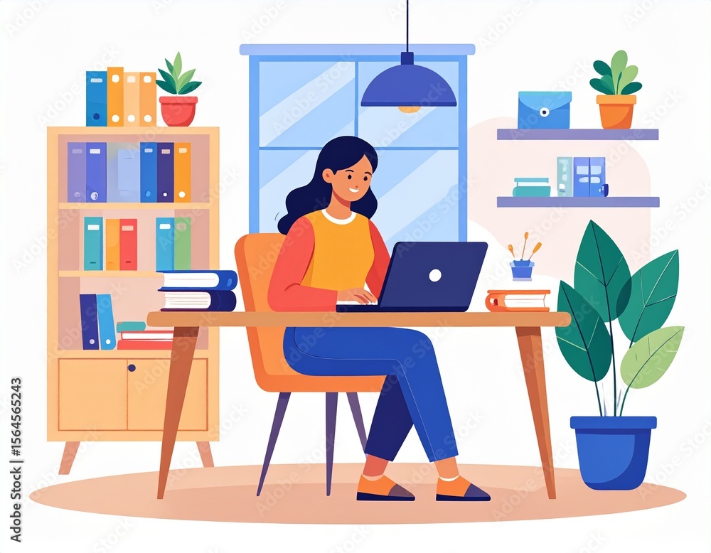 Fototapeta premium Woman working from home, comfortably seated at her desk using a laptop, surrounded by books and plants.