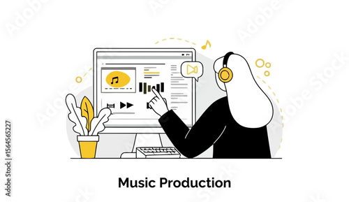 Female music producer adjusting audio on a computer screen in a home office setting. Concentrated focus on audio software.