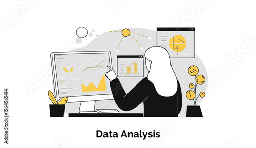 Female data analyst reviewing multiple graphs on a computer screen in an office setting. Woman in business attire pointing to data charts on multiple computer screens.