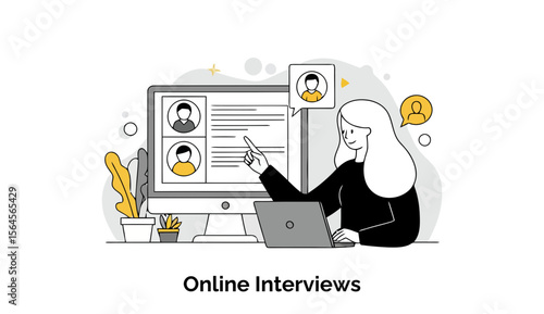 Female professional conducting online interviews at a home office. A woman in a black top, with long hair, is pointing at a computer screen with multiple candidate profiles.