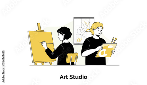 Female and male students engrossed in artistic creation in an art studio setting, actively painting with brushes.