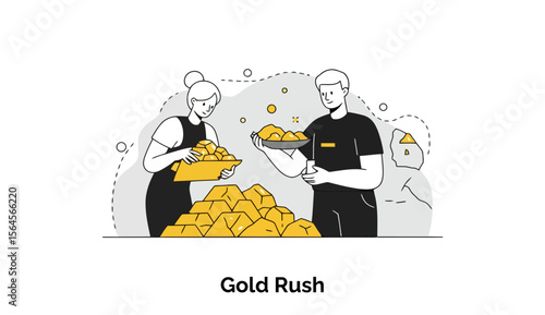 Two adult figures in casual clothing sort gold nuggets in a mining setting. Working together, they display the excitement of a gold rush. Workers in a rural location -