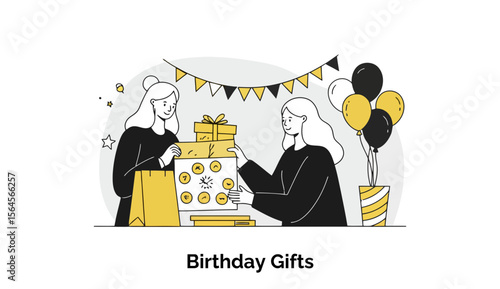 Young women exchanging birthday gifts at a party. Two young women in casual attire presenting and receiving gifts, amidst festive decorations and balloons.