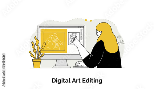 Female graphic designer in hijab working on digital art editing software at home office. Concentrated on computer screen with graphic design project.