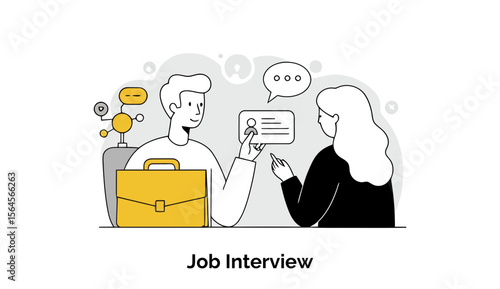 Young adult male and female in casual interview attire discussing a resume at a business office. A professional interviewer and candidate engaging in a job interview at a modern office setting.