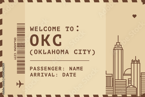 Welcome to Oklahoma City USA card template. Vector vintage style postcard illustration with airport code, skyline, flight info. Boarding pass, luggage tag style s image layout