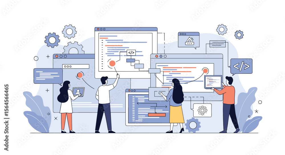 Team collaborating on software development projects and building complex applications Team collaborating on software development projects and building complex applications