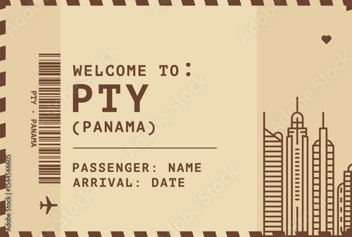 Welcome to Panama card template. Vector vintage style postcard illustration with airport code, skyline, flight info. Boarding pass, luggage tag style s image layout