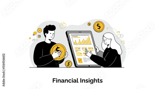 Young adults reviewing financial data on a tablet. Two individuals, a man and a woman, collaboratively examine financial insights on a tablet, with coins in the background.